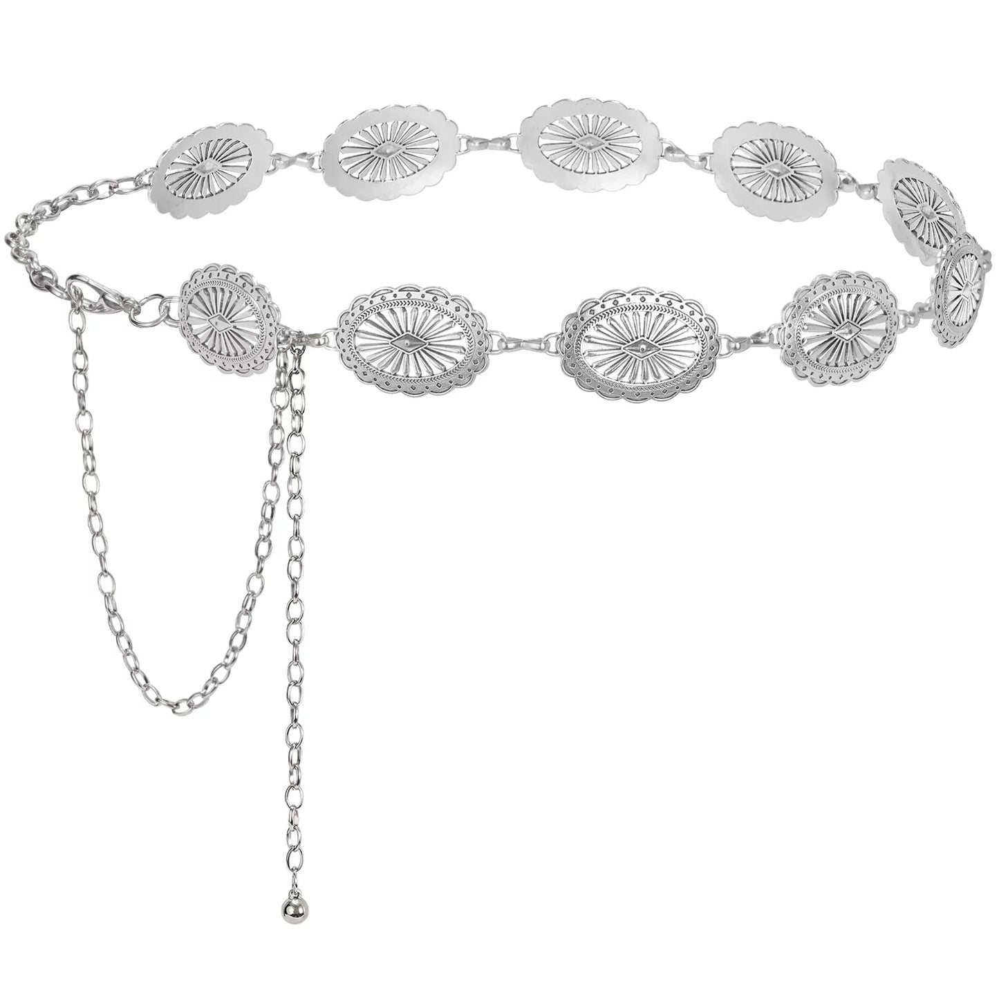 Women Silver Concho Chain Waist Belt Western Cowgirl Metal Chain Belt for Dress Adjustable